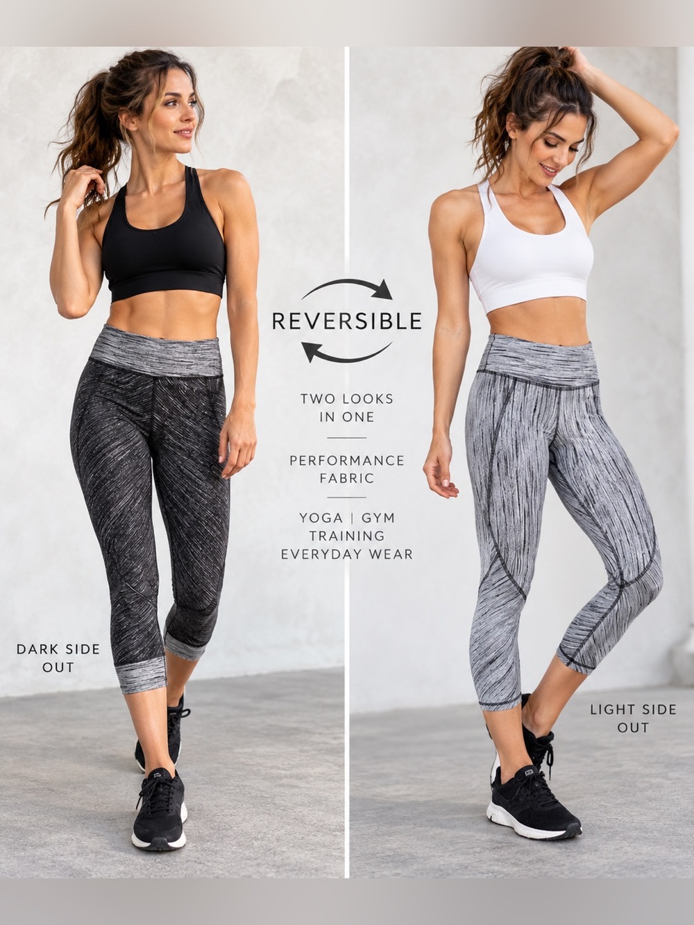 VIMMIA Reversible Splice Black Gray 3/4 Capri Leggings Yoga Performance Athletic